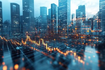 City skyline at dusk with digital data overlay illustrating stock market trends and activity