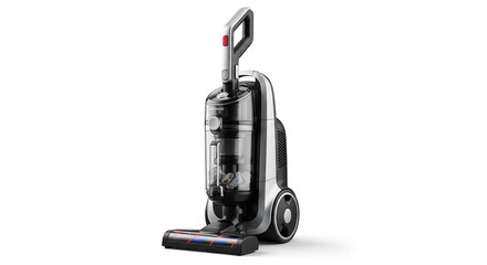Fototapeta premium Modern vacuum cleaner with transparent dustbin and sleek design, showcasing cleaning technology isolated on white background, perfect for home appliance