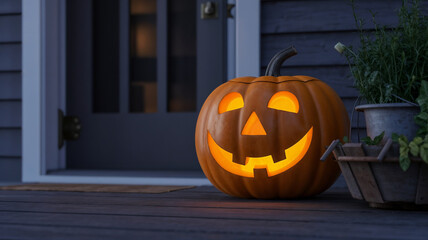 Obraz premium Halloween pumpkin lantern on the porch at night