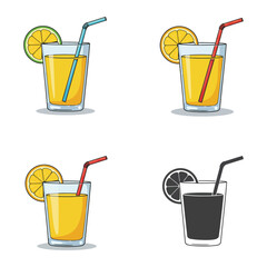 Four colorful glasses of orange juice with straws and fruit slices
