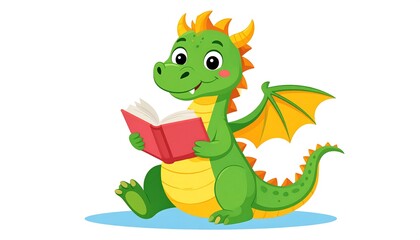 Fototapeta premium Cartoonish green mythical creature reading a red book, isolated on white