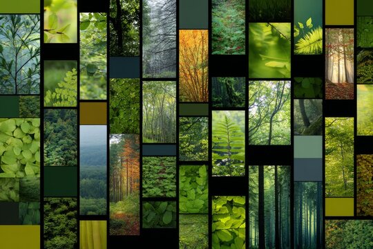 Vivid tapestry of green hues showcasing diverse foliage in different forest areas across seasons