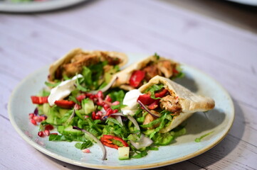 turkish kebab on plate with pita bread