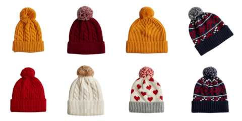 Collection of eight knitted winter hats with pom poms in various colors and patterns isolated on transparent background
