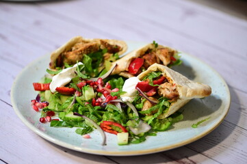 turkish kebab on plate with pita bread