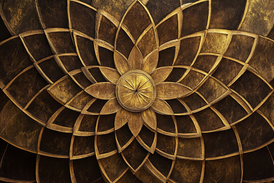 Intricate wooden lotus flower carving with layered petals and circular center detailed craftsmanship warm brown tones decorative wall art spiritual symbol traditional design artistic woodwork