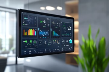 Smart home control panel displays real-time data and analytics within a modern interior