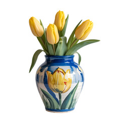 A beautiful bouquet of vibrant yellow tulips in a decorative blue and white ceramic vase with a painted tulip motif isolated on transparent background