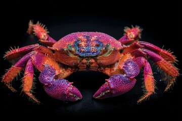 Brightly colored crab showcases vibrant hues and intricate details against a dark background in a close-up view