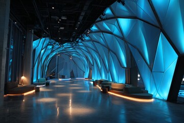 Modern architectural interior featuring blue lighting and unique geometric design elements in an urban space