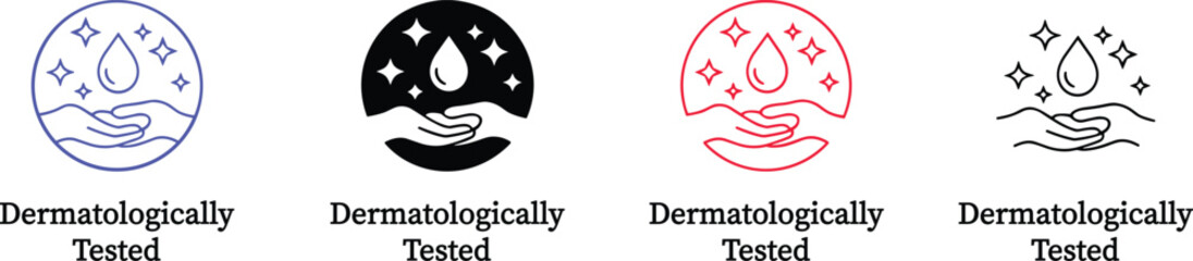 Dermatologically Tested Icons for Skincare Packaging. Clean Cosmetic Label Icons with Hand and Droplet.