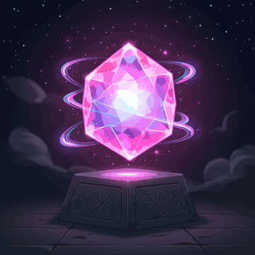 Mystical Gemstone An Enchanting Crystal Displayed on a Stone Pedestal in the Night Sky