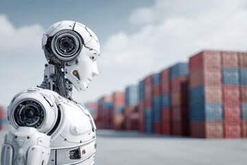 Robot stands in a shipping yard surrounded by colorful containers under bright sky