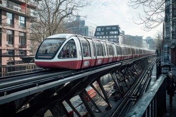 Naklejka premium Modern elevated train navigating through an urban landscape in a city during the day
