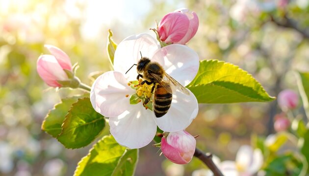 Bee pollinating a white flower in spring with pink flower buds visible