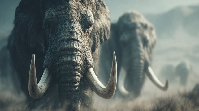 Woolly Mammoths Roaming the Ancient Plains in a Dramatic Landscape