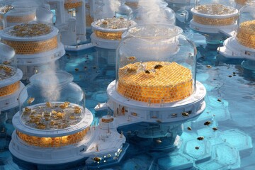 Innovative underwater city showcases honey production with advanced technology and thriving bee colonies amidst a vibrant ocean environment
