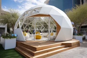 Modern geodesic dome serves as a stylish lounge area at a sunny outdoor event in an urban setting, showcasing innovative design and comfort
