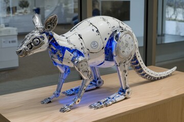 Modern robotic kangaroo displayed in an exhibit showcasing advanced technology and design innovations