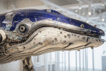 Metallic whale sculpture displayed indoors showcasing intricate details and craftsmanship in a modern gallery setting