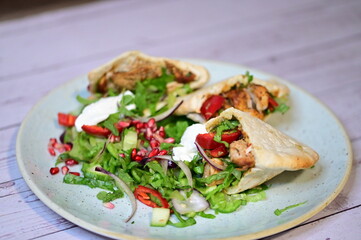 turkish kebab on plate with pita bread