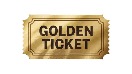 A realistic shiny golden ticket with the words golden ticket printed in dark brown text isolated on transparent background