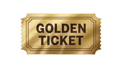 A realistic shiny golden ticket with the words golden ticket printed in dark brown text isolated on transparent background