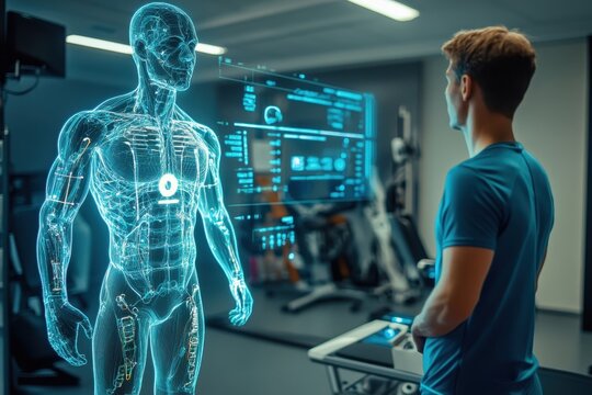 Man interacts with holographic human anatomy model in a modern gym setting
