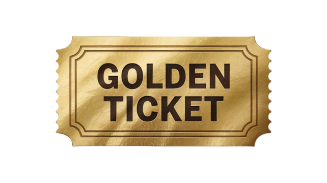 A realistic shiny golden ticket with the words golden ticket printed in dark brown text isolated on transparent background
