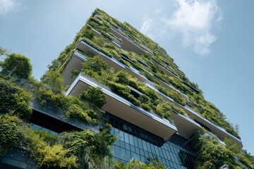 Innovative green architecture in a modern building showcasing vertical gardens on a sunny day