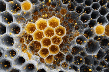 Intricate golden structure simulating honeycomb patterns under microscopic view with dynamic orange particles