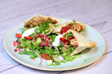 turkish kebab on plate with pita bread