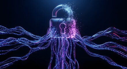 An open padlock with digital data streams flowing from it on a dark background in blue and purple hues