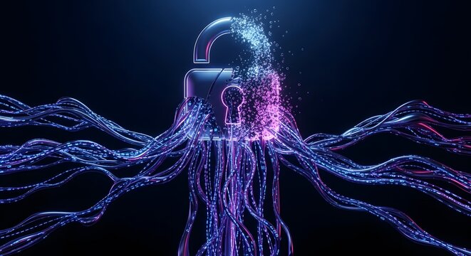 An open padlock with digital data streams flowing from it on a dark background in blue and purple hues