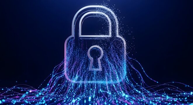 Glowing padlock with blue and purple light trails emanating from its base on a dark blue background