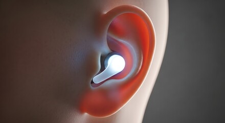 Close up of a human ear with a bright white earbud inserted inside the ear canal for listening