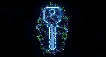 A glowing digital key surrounded by a network of connected points on a black background image