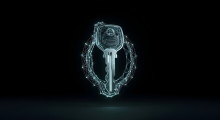 A futuristic key surrounded by a glowing network on a black background in digital illustration