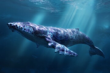 Majestic humpback whale swimming gracefully in ocean depths illuminated by sunlight