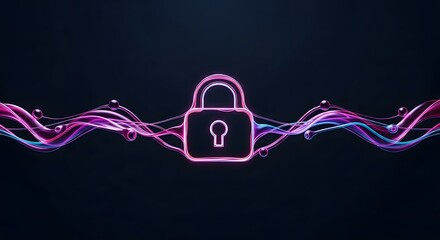A glowing padlock with pink and blue waves on a dark background representing digital security measures