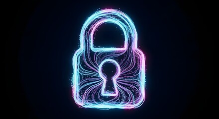 Glowing padlock with flowing lines and particles in shades of blue and pink on a dark background