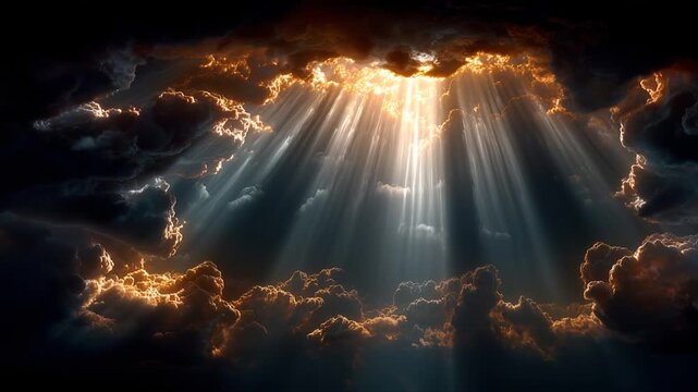 Dark storm clouds opening with sunlight rays breaking through, dramatic sky atmosphere like heavenly light