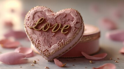 Romantic Heart-Shaped Cookie with Lace and Petals for Celebration