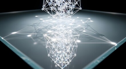 A complex wireframe structure with glowing nodes reflected on a shiny surface in a dark setting