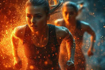 Intense sprinting session with athletes in dynamic poses amidst colorful smoke and sparks