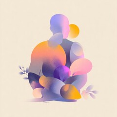 A figure sits in meditation, surrounded by colorful, floating orbs and foliage