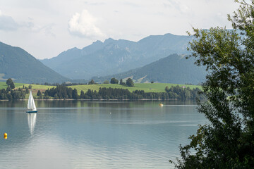 Sailboat glides across calm lake surrounded by mountains and lush greenery on a serene summer day