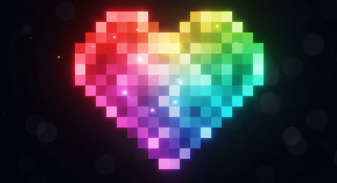 A vibrant pixel art heart glowing with rainbow colors against a dark background, symbolizing love, diversity, and digital creativity in a retro style - Powered by Adobe