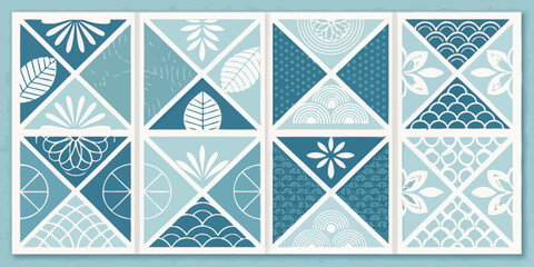 Elegant teal and white geometric pattern with floral and leaf motifs for a modern aesthetic design