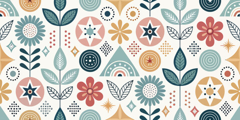 Geometric floral pattern with folk art style elements in pastel colors for textile and surface design